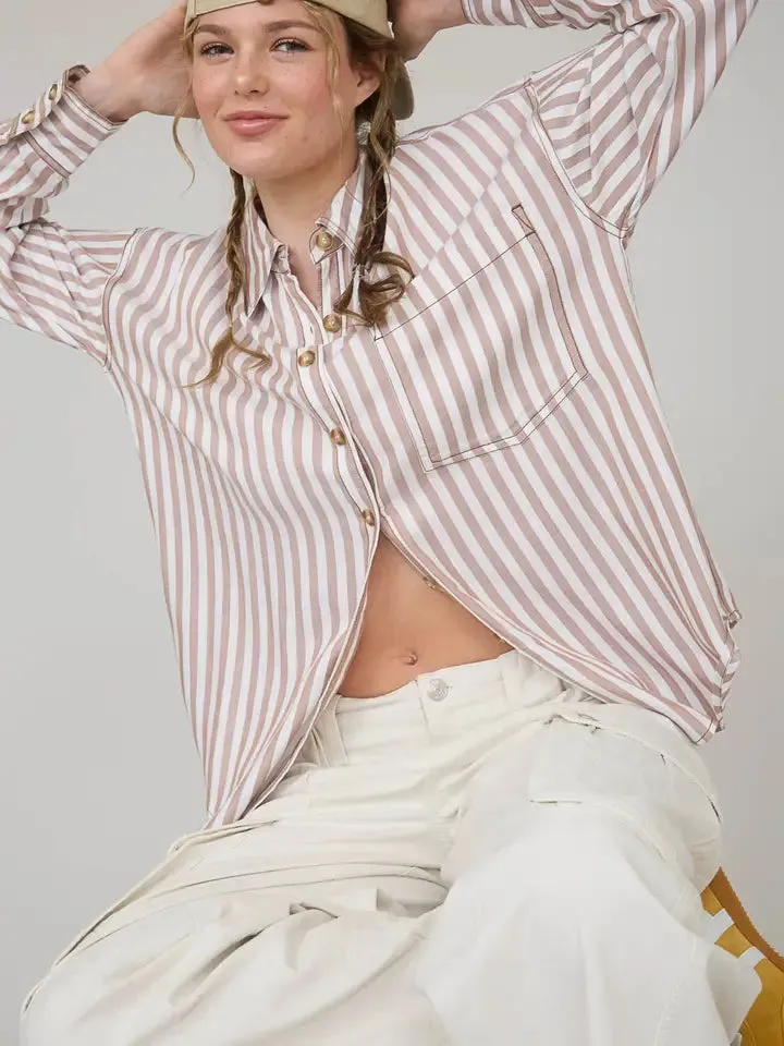 Stripe Collared Button Down Long Sleeve Shirt-Brown sold by Sunbeam product image thumbnail 3