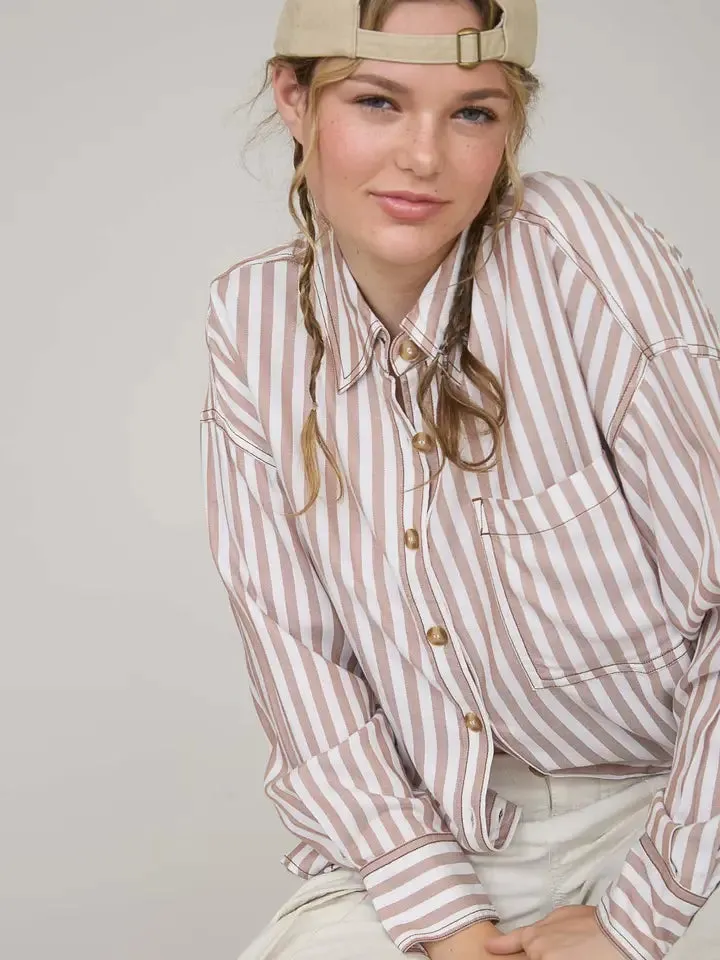 Stripe Collared Button Down Long Sleeve Shirt-Brown sold by Sunbeam product image thumbnail 4