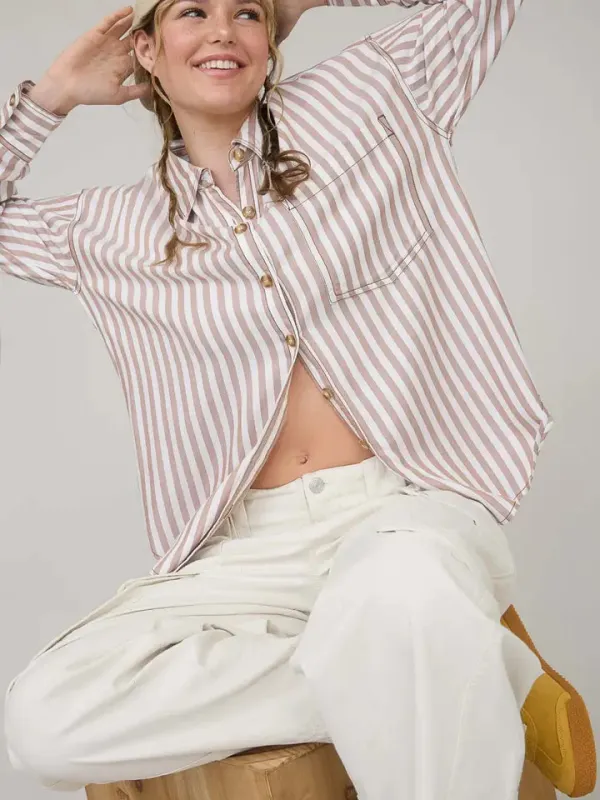 Stripe Collared Button Down Long Sleeve Shirt-Brown made by Blu Pepper