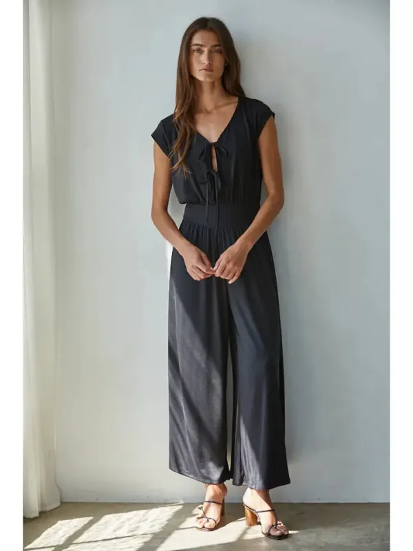 Knit Polyester Spandex V-Neck Short Sleeve Jumpsuit sold by Sunbeam
