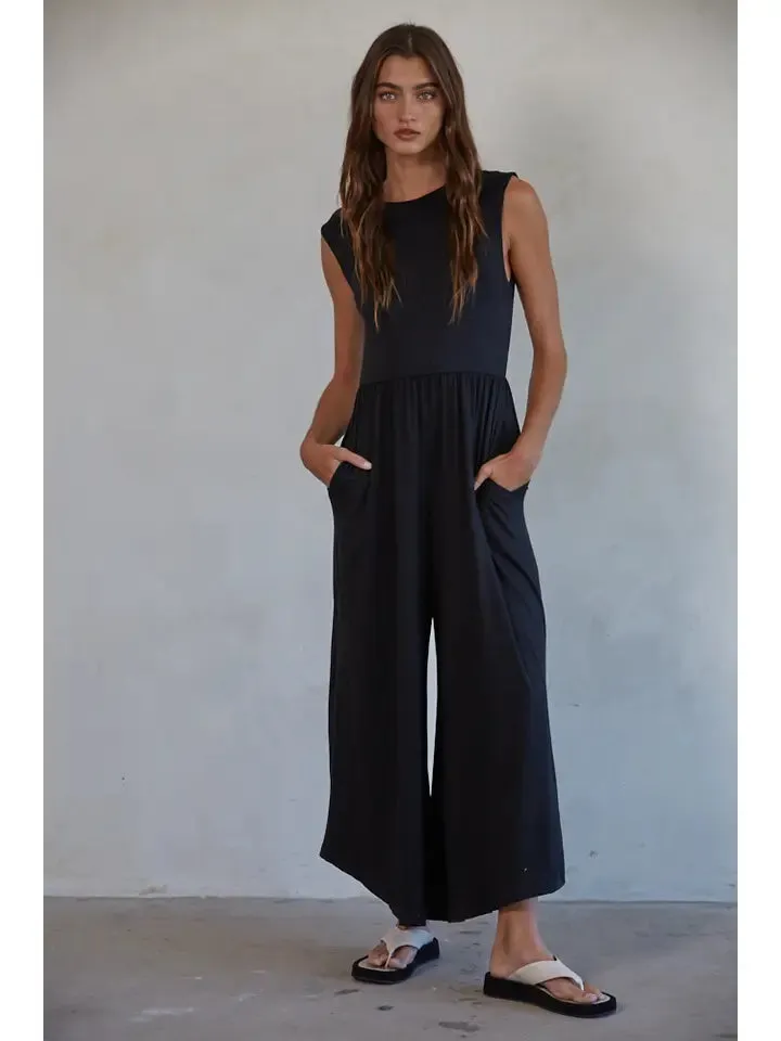Knit Polyester Spandex Open Back Wide Leg Jumpsuit sold by Sunbeam