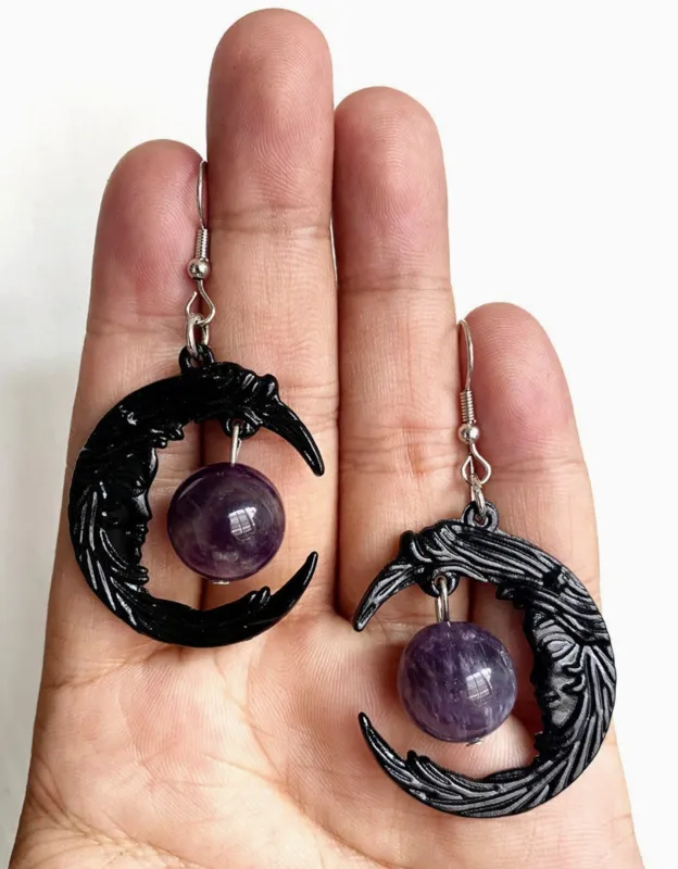 Gothic Face Black Crescent Purple Bead Earrings sold by Sunbeam