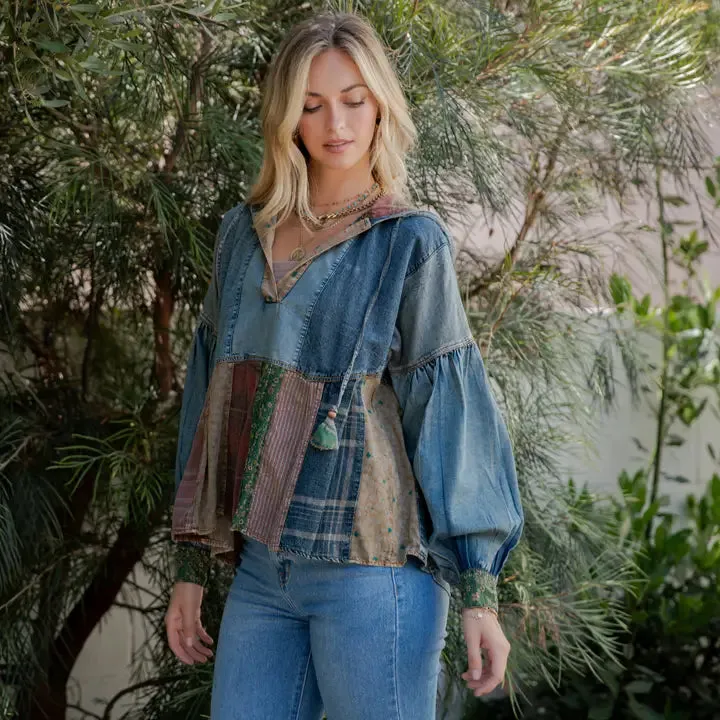 Relaxed Waist-Length Denim Hoodie with Eclectic Plaid Fusion sold by Sunbeam