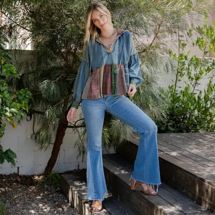 Relaxed Waist-Length Denim Hoodie with Eclectic Plaid Fusion sold by Sunbeam product image thumbnail 2