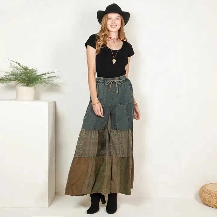 Boho Chic Tiered Patch Inserted Denim & Knit Pants sold by Sunbeam
