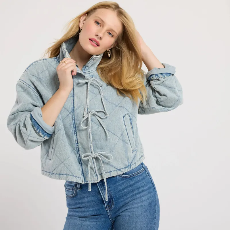 Washed Denim Quilted Front Tie Jacket- Light Denim sold by Sunbeam