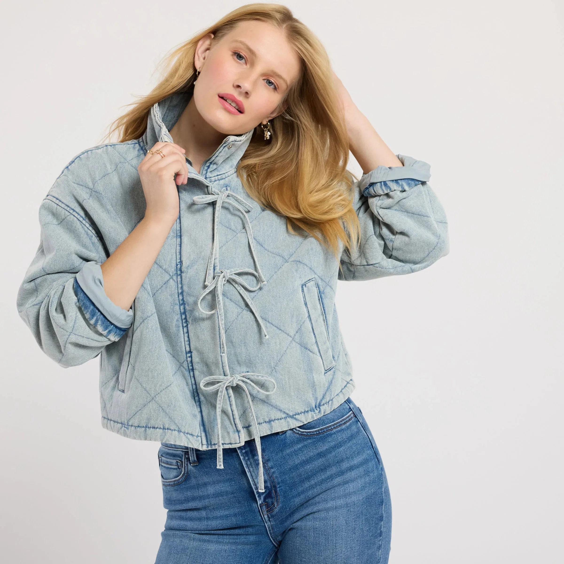 Washed Denim Quilted Front Tie Jacket- Light Denim sold by Sunbeam