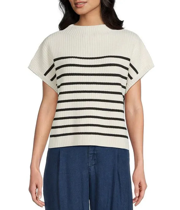 Striped Mock Neck Short Sleeve Sweater- Ivory made by Blu Pepper
