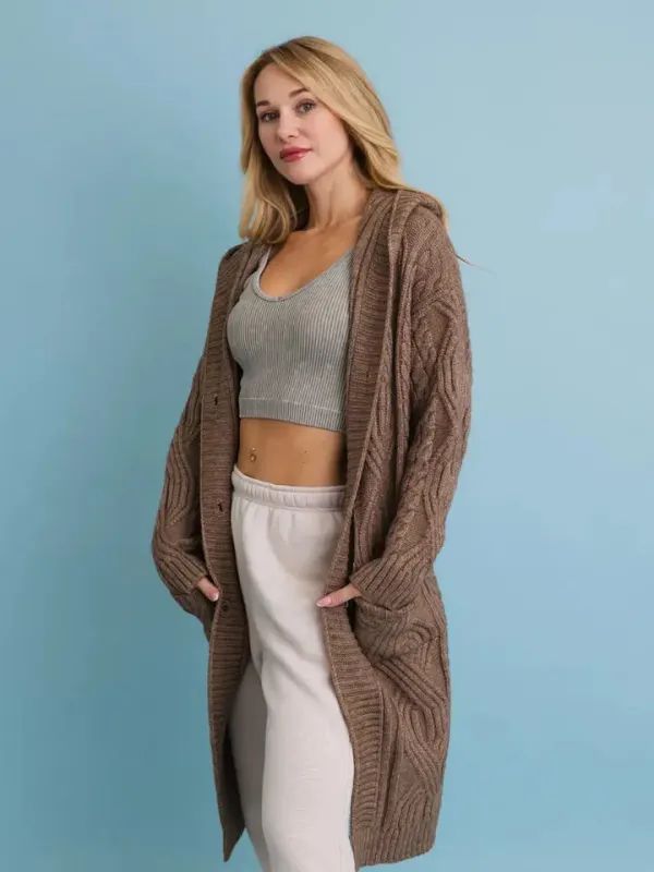 Cable Knit Hooded Cardigan with Large Buttons sold by Sunbeam