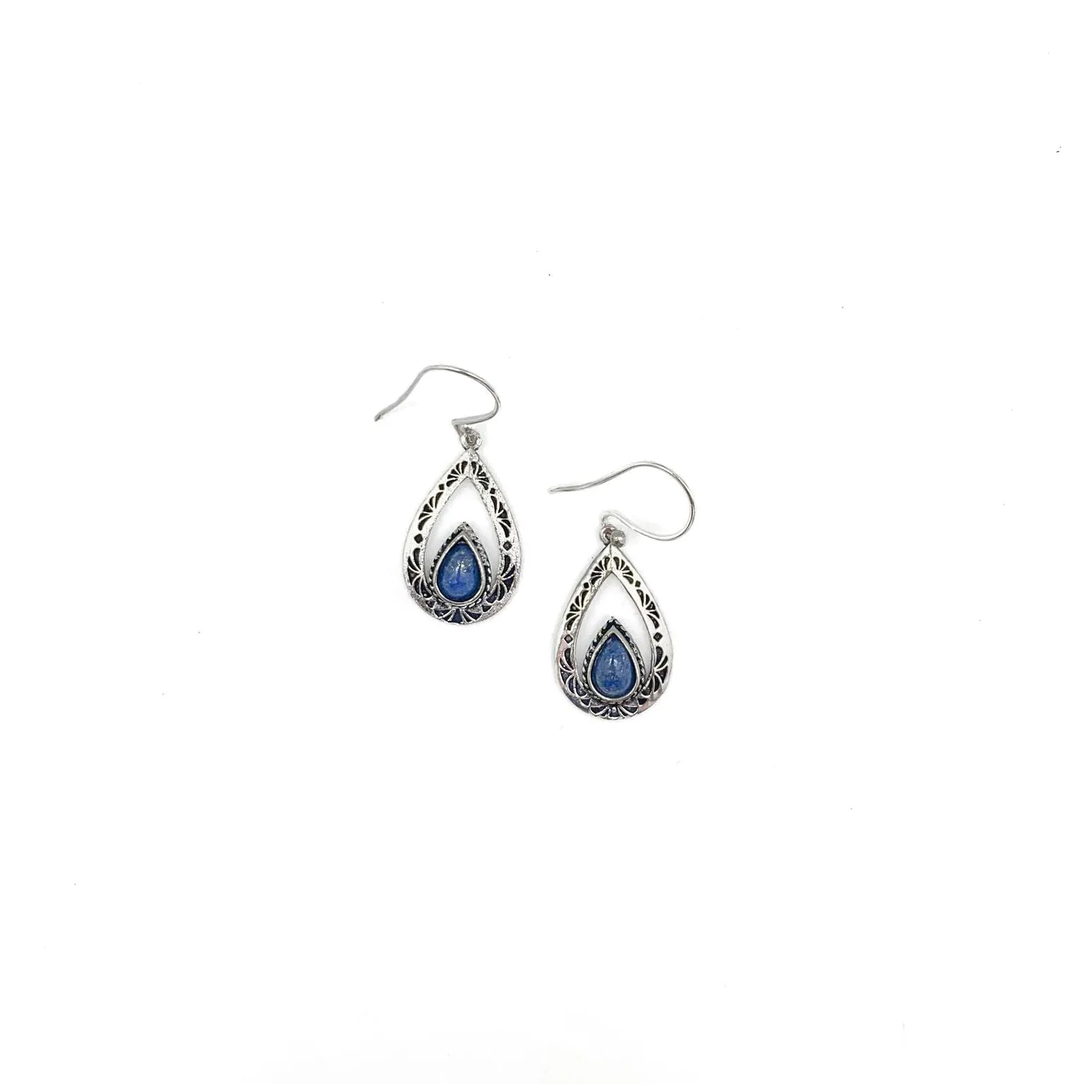 Tanvi Silver Etched Teardrop Frame with Lapis Earrings sold by Sunbeam