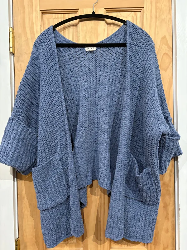 Long Sleeve Pockets Solid Chenille Sweater Cardigan- Lapis Blue sold by Sunbeam