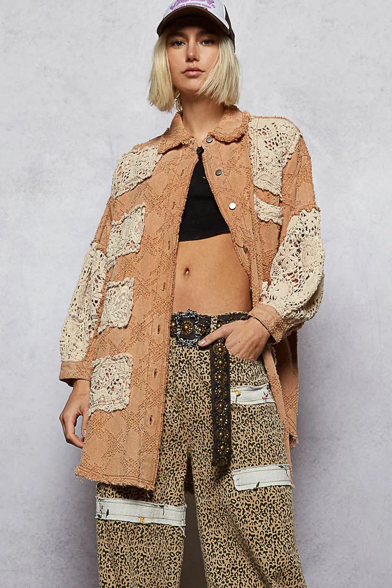 Vintage Washed Oversize Crochet Patches Shacket sold by Sunbeam