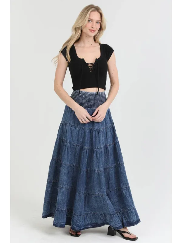 Tiered A Line Maxi Skirt - Denim sold by Sunbeam