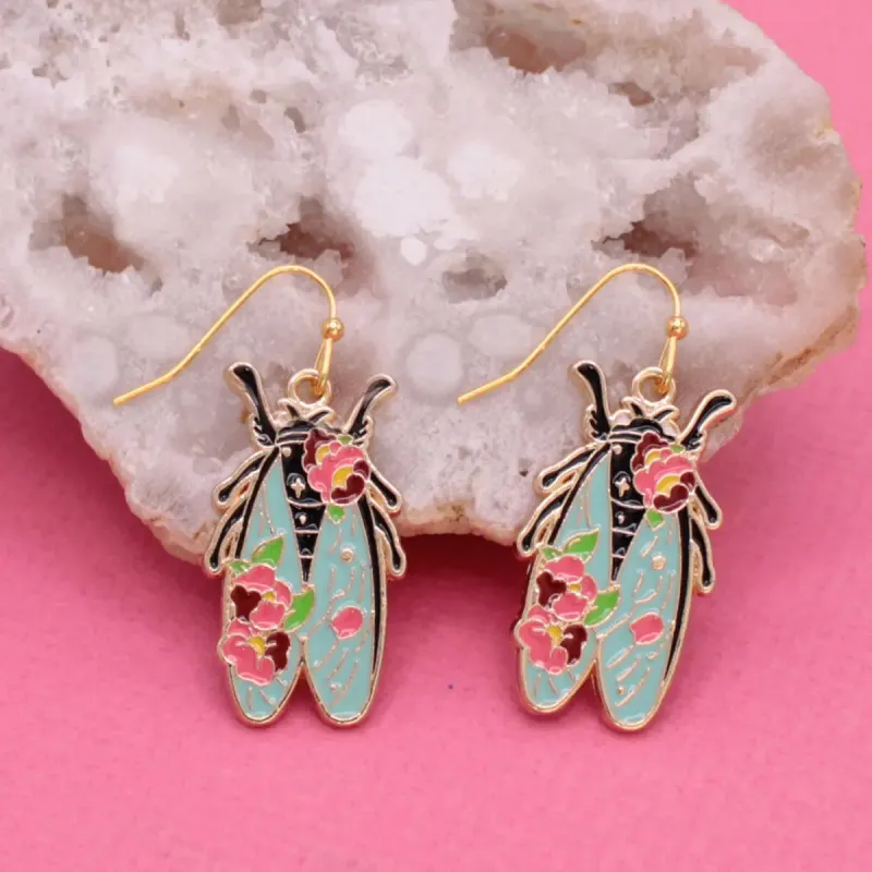 Colorful Floral Cicada Gold Earrings sold by Sunbeam