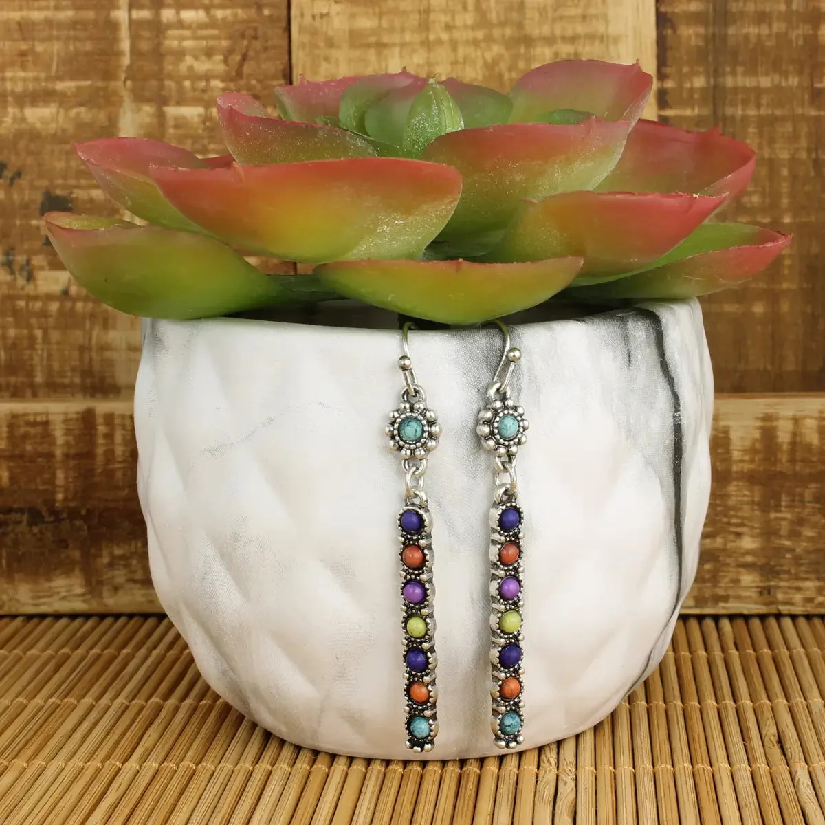 Silver Multi Stone Colorful Bar Dangle Earrings sold by Sunbeam