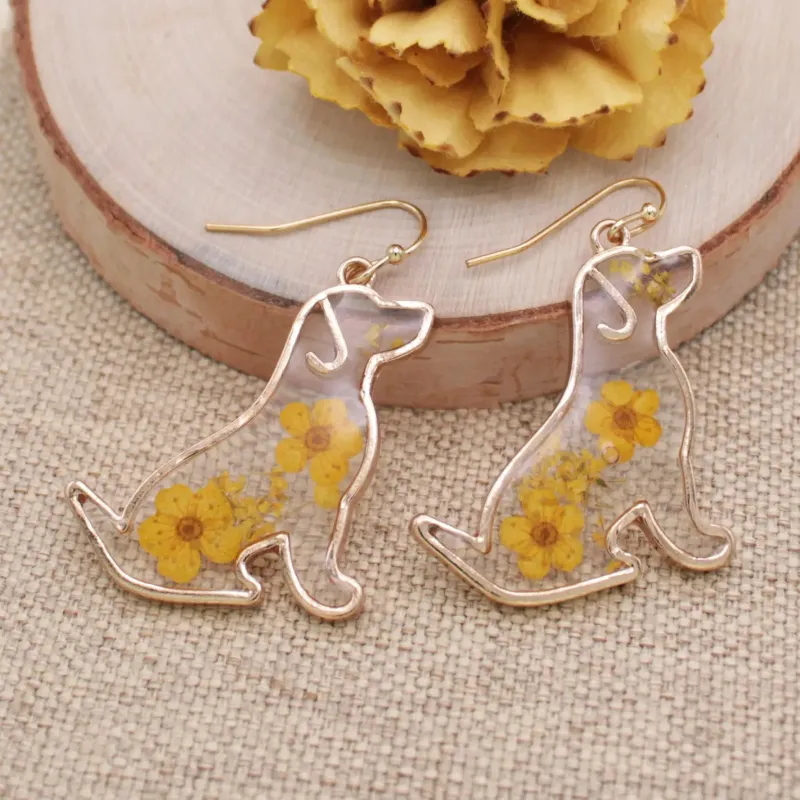 Floral Friend Gold Dog Dried Flower Earrings sold by Sunbeam