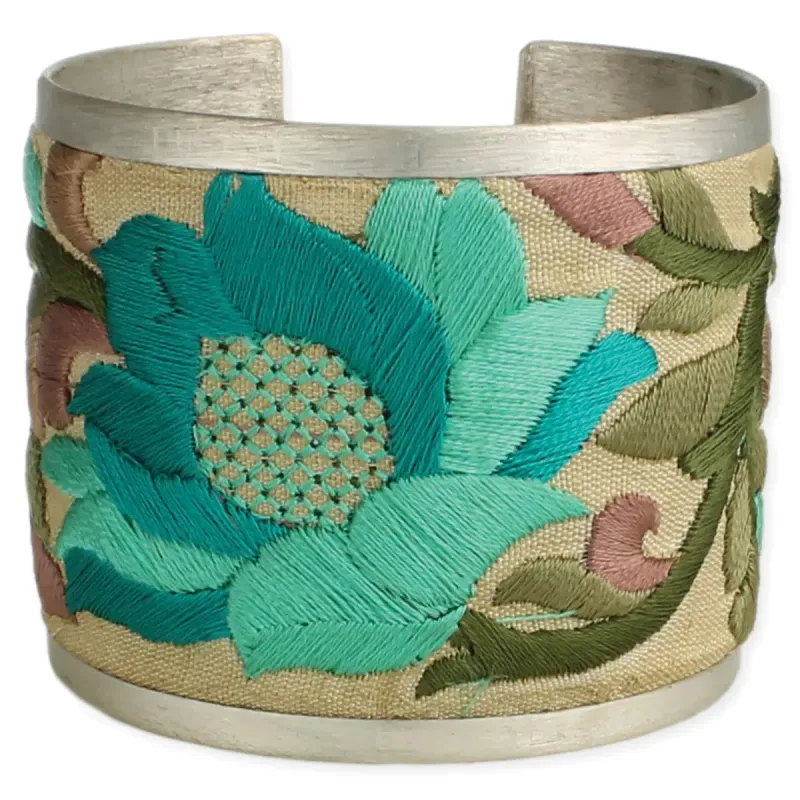 Turquoise Flower Embroidered Elegance Cuff Bracelet sold by Sunbeam
