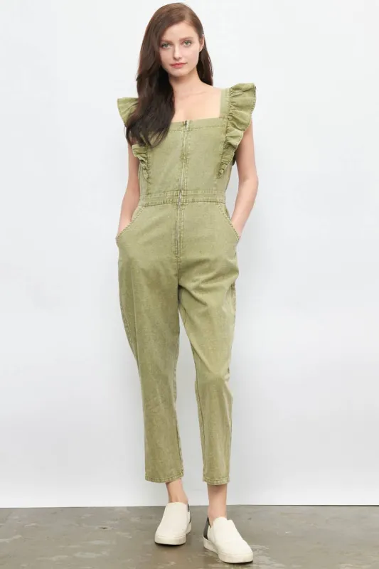 Ruffled Washed Cotton Jumpsuit with Front Zipper sold by Sunbeam