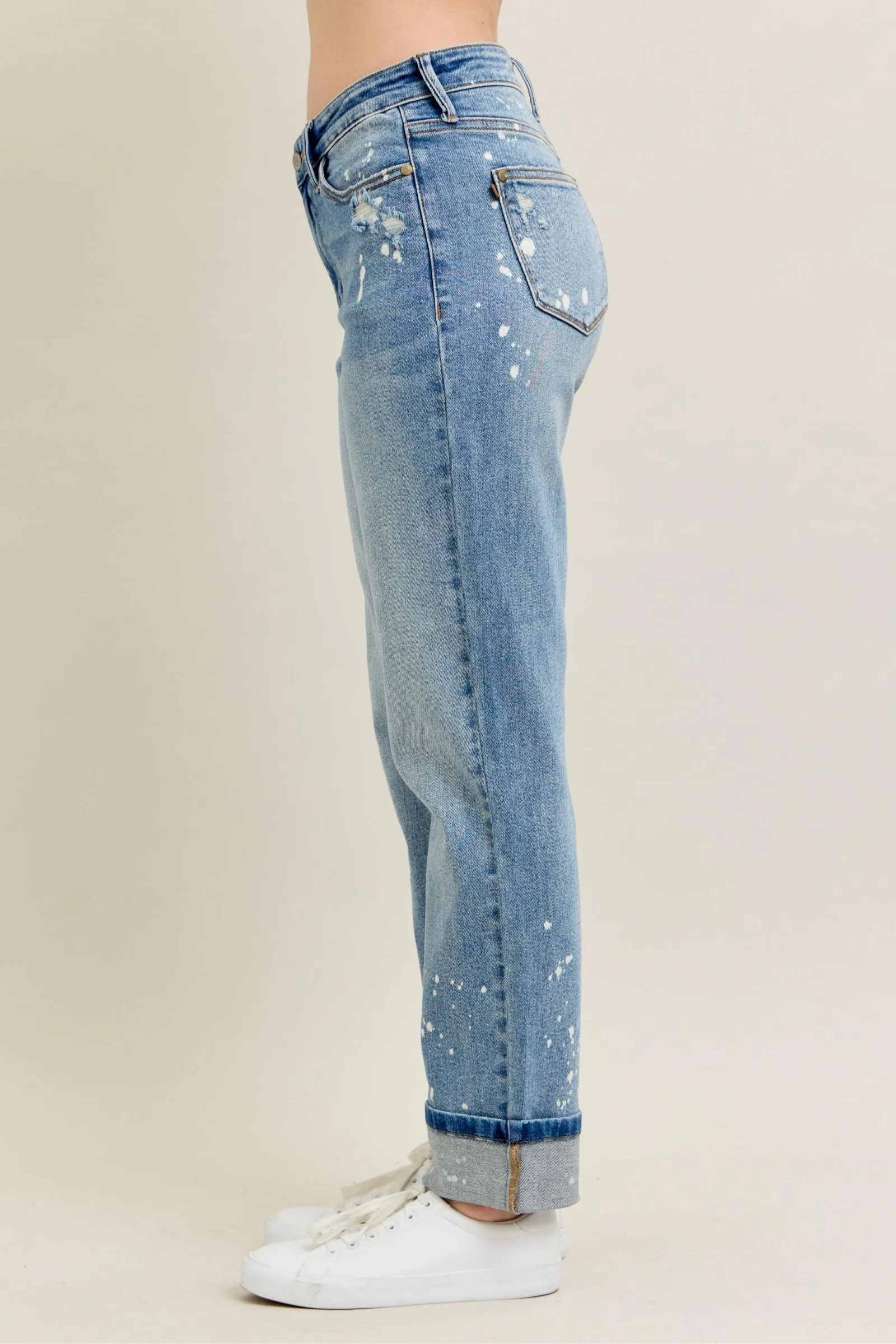 Judy Blue Mid Rise Bleach Splatter Single Cuff & Destroy BF sold by Sunbeam product image thumbnail 2