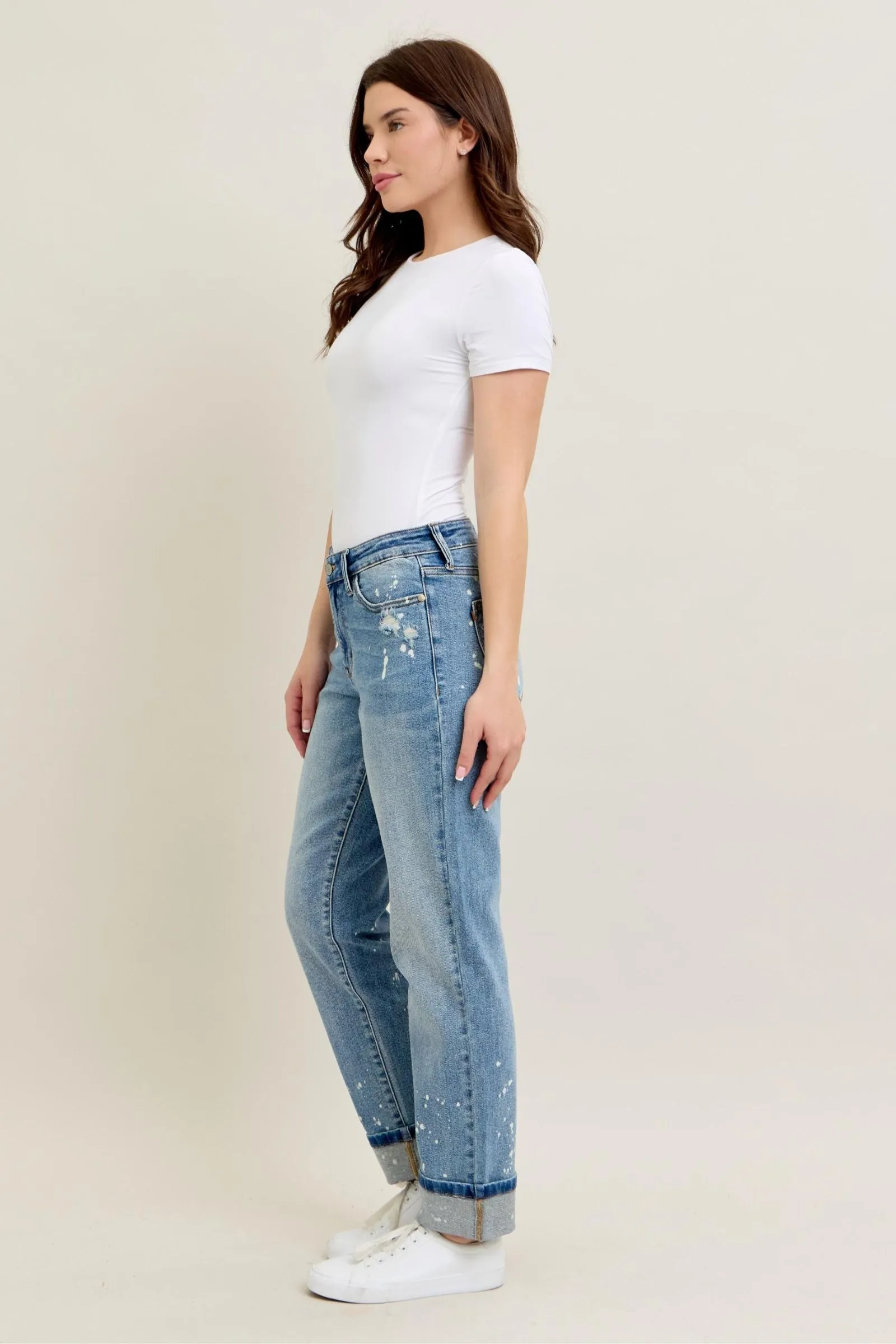 Judy Blue Mid Rise Bleach Splatter Single Cuff & Destroy BF sold by Sunbeam product image thumbnail 3