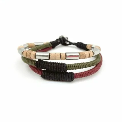 Aadi Bracelet – Wood/Metal Beads, Green/Red Twine sold by Sunbeam