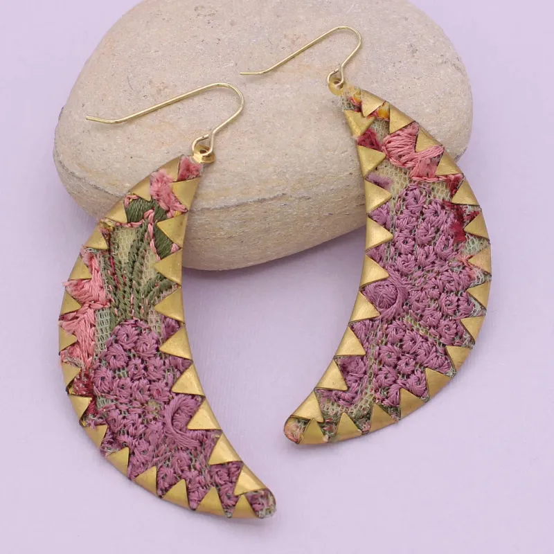Pink Embroidered Crimped Set Moon Earrings made by ZAD