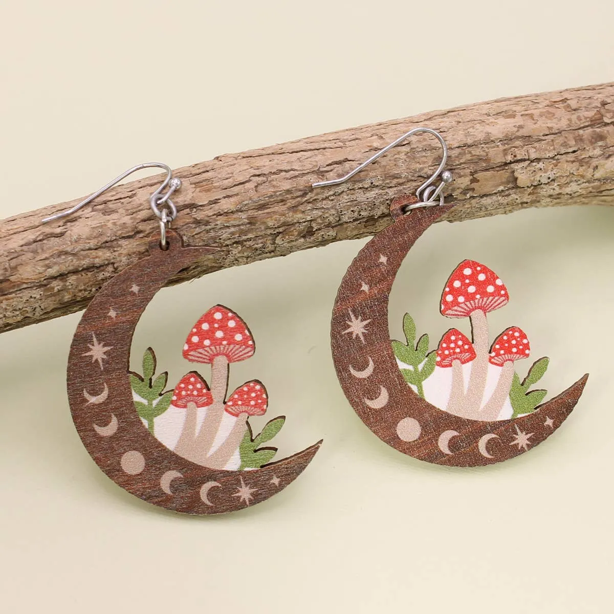 Natural Mystic Wood Mushroom Moon Earrings sold by Sunbeam
