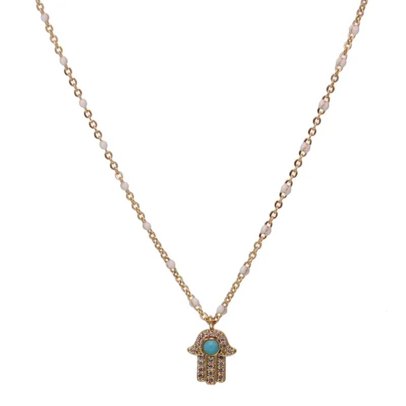 Fine Chain Necklace with Tiny Crystal Hamsa Pendant sold by Sunbeam