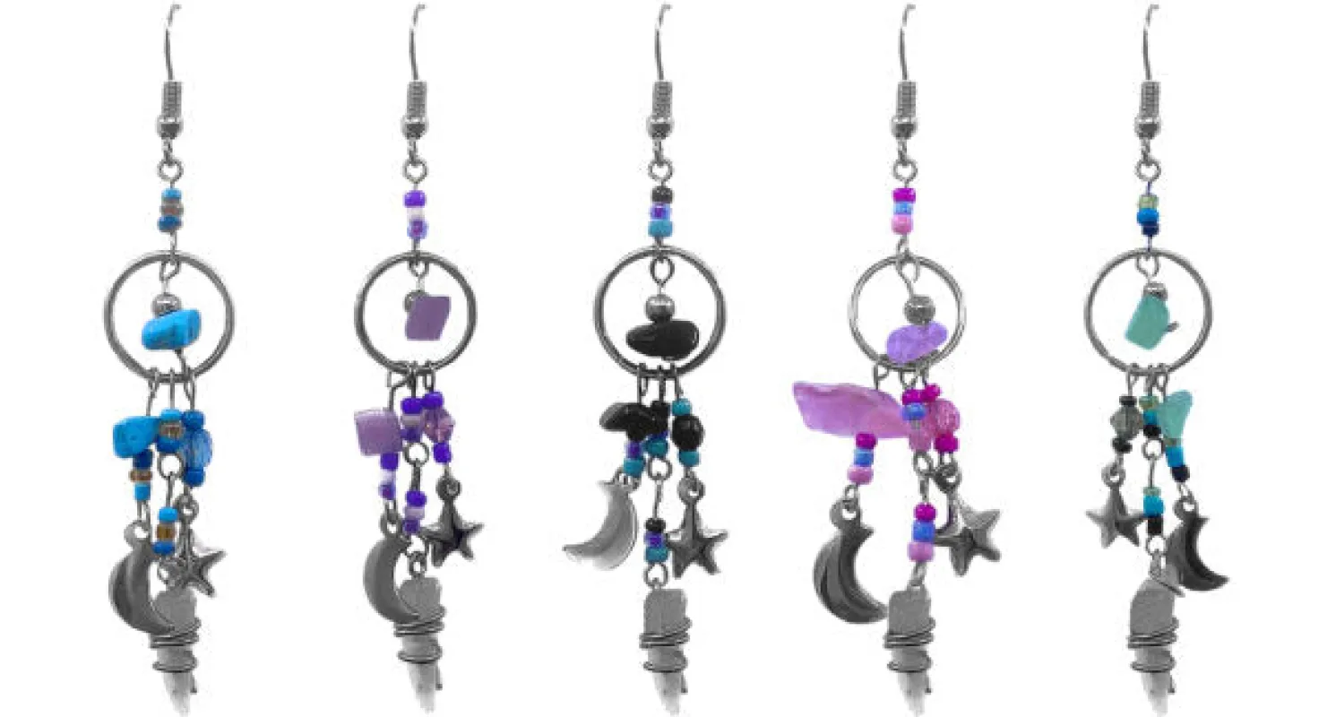 Crystal Moon & Star Charm Beaded Chip Stone Long Dangle Earrings sold by Sunbeam
