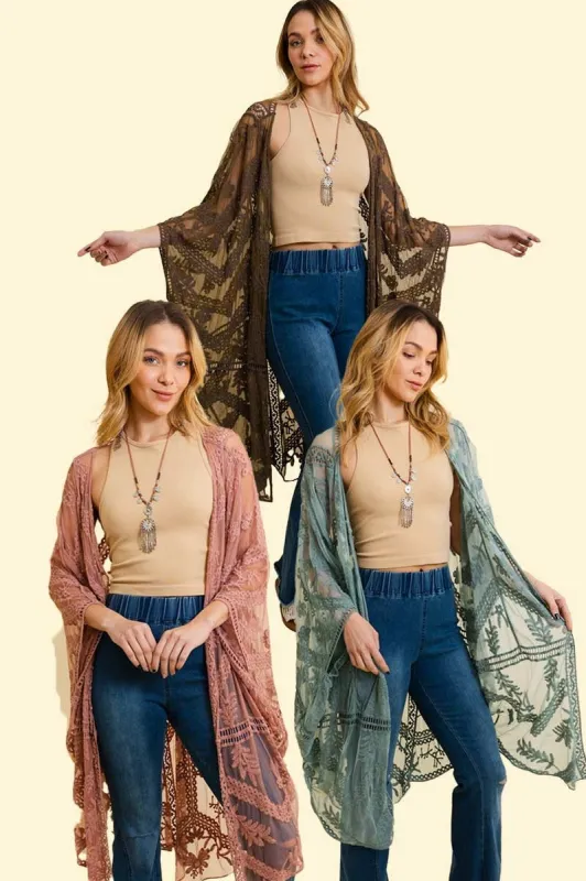 Embroidered Mesh Leaf Botanical Kimono sold by Sunbeam