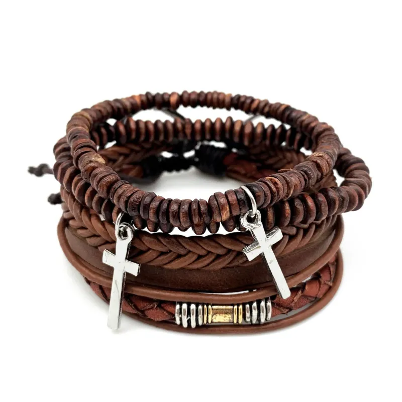 Aadi Brown Leather and Beads Silver Cross Men's Bracelet Set sold by Sunbeam