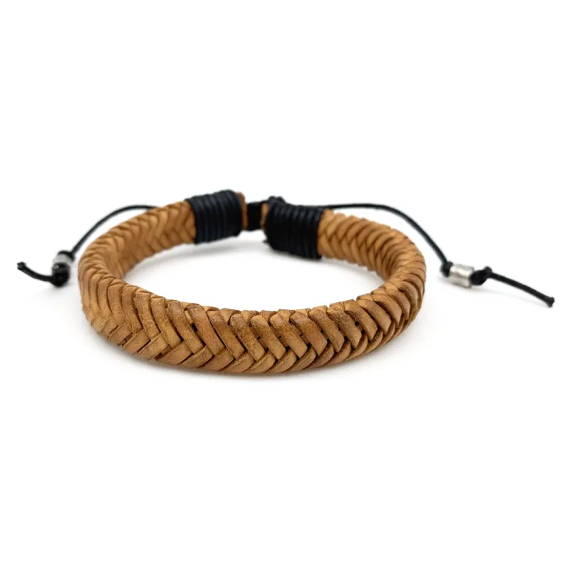 Aadi Light Tan Braided Leather Pull Tie Men’s Bracelet sold by Sunbeam