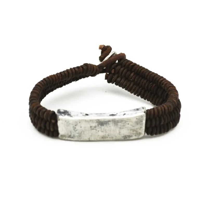 Aadi Braided Brown Leather With Silver Bar Men's Bracelet sold by Sunbeam