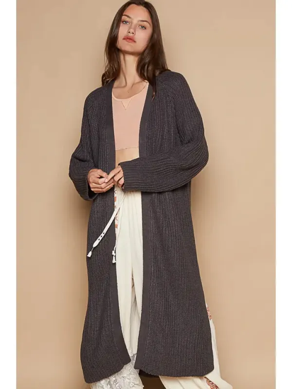 Open Front Long Sleeves Long Cardigan Sweater - Charcoal sold by Sunbeam
