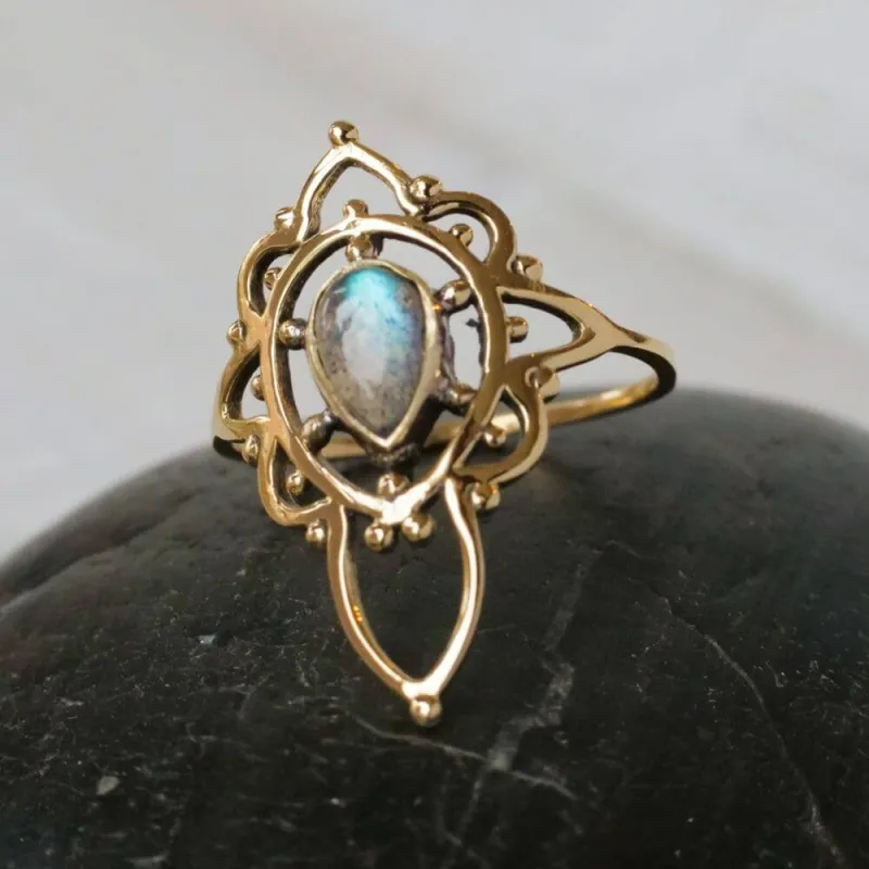 Decorated Brass Ring with Labradorite Stone sold by Sunbeam