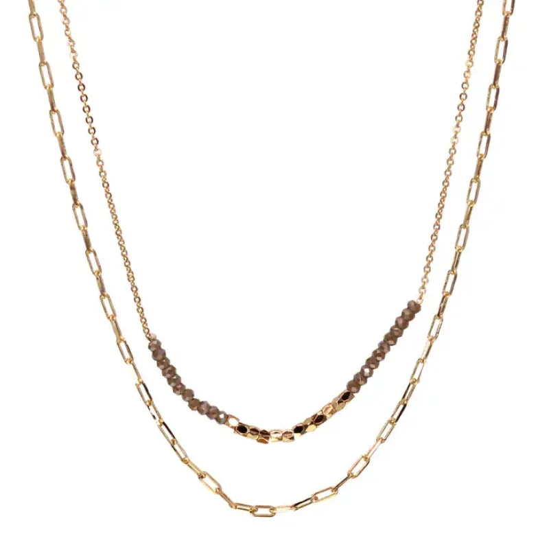 Delicate Double Chain Necklace with Crystal & Gold Beads sold by Sunbeam