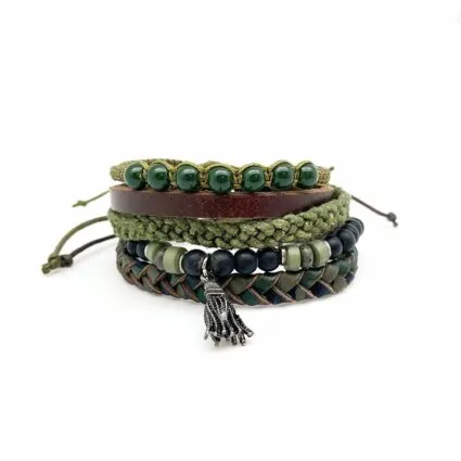Aadi Black and Green Beads, Leather, Tassel Bracelet Set sold by Sunbeam