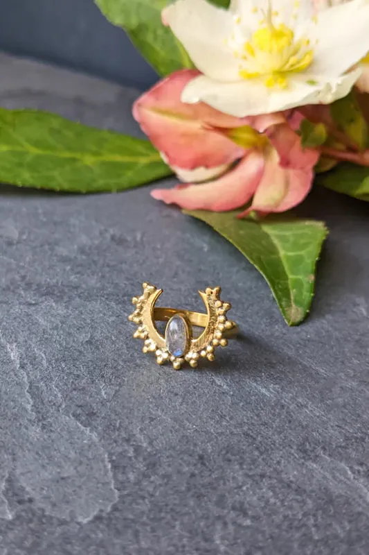 Labradorite Stone with Spotted Brass Horn Ring sold by Sunbeam