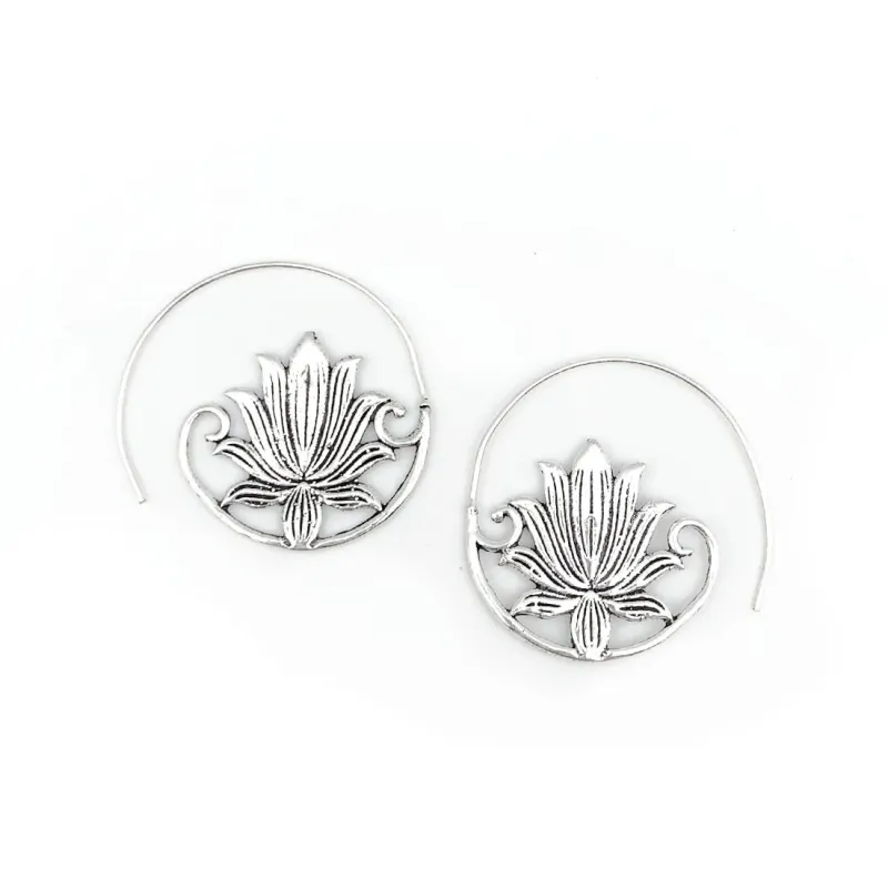 Tanvi Collection Earrings - Silver Lotus Open Hoop sold by Sunbeam