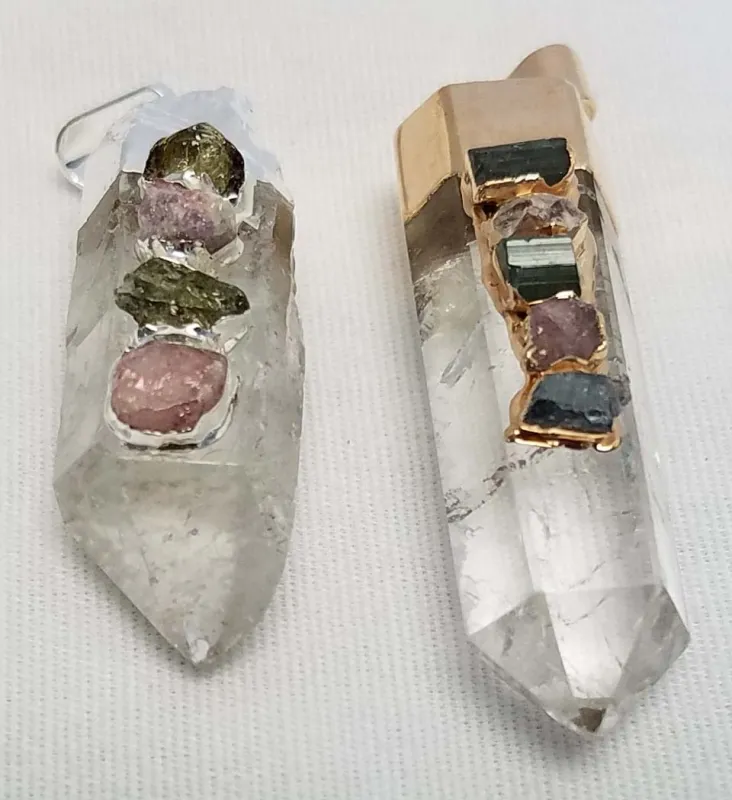 Gold Plated Polished Quartz Crystal with Pink & Green Tourmaline sold by Sunbeam