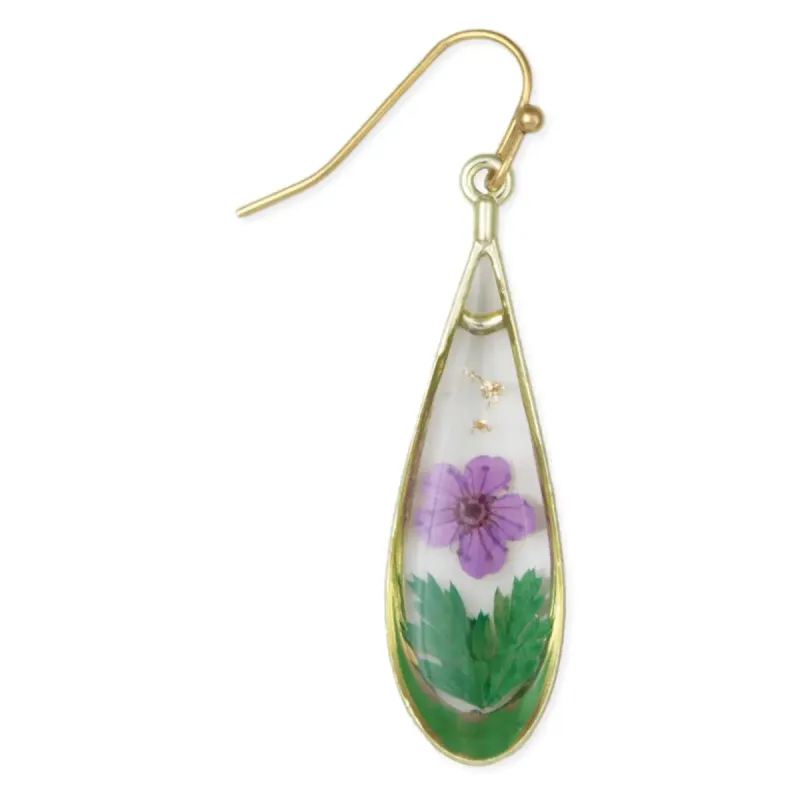 Purple Flower Gold Teardrop Dried Flower Earrings sold by Sunbeam