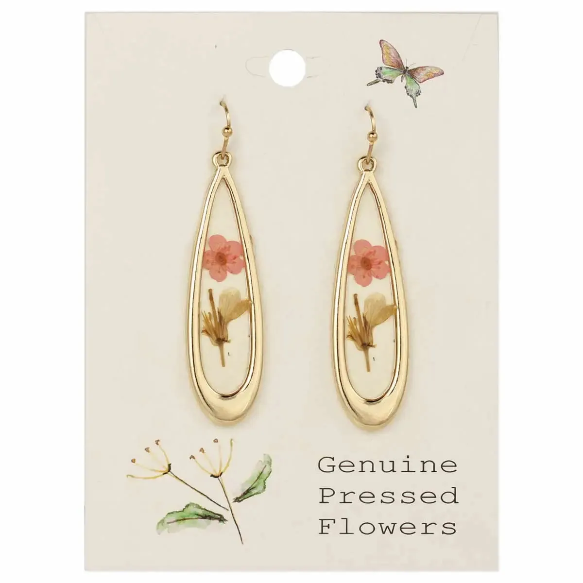 Pink Dried Flower Long Teardrop Gold Earrings sold by Sunbeam