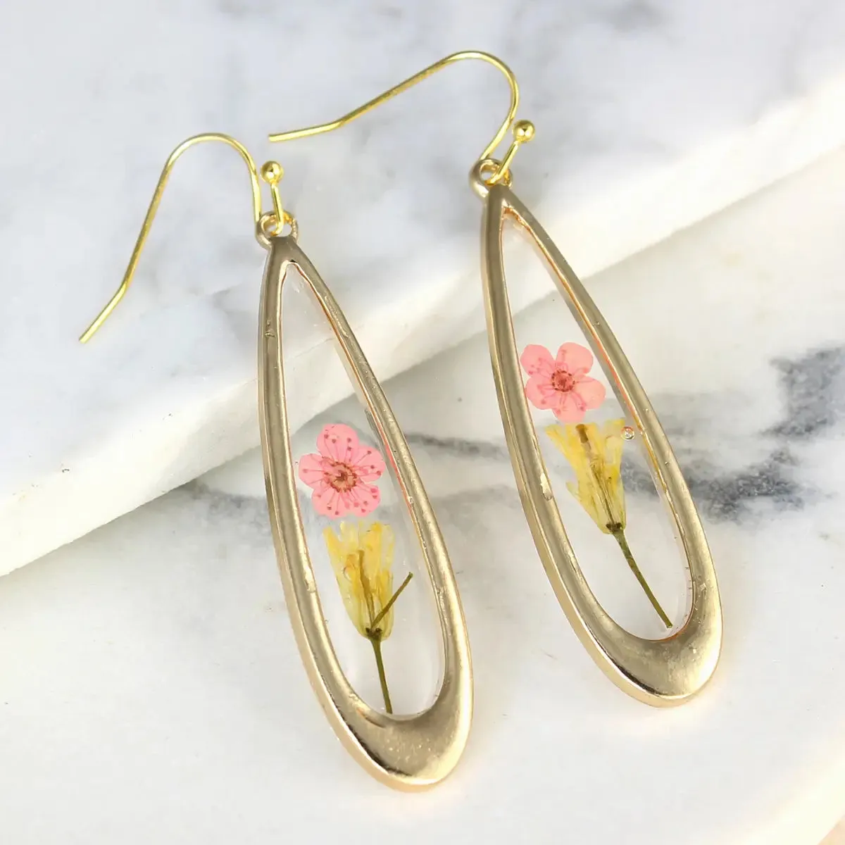 Pink Dried Flower Long Teardrop Gold Earrings sold by Sunbeam product image thumbnail 3