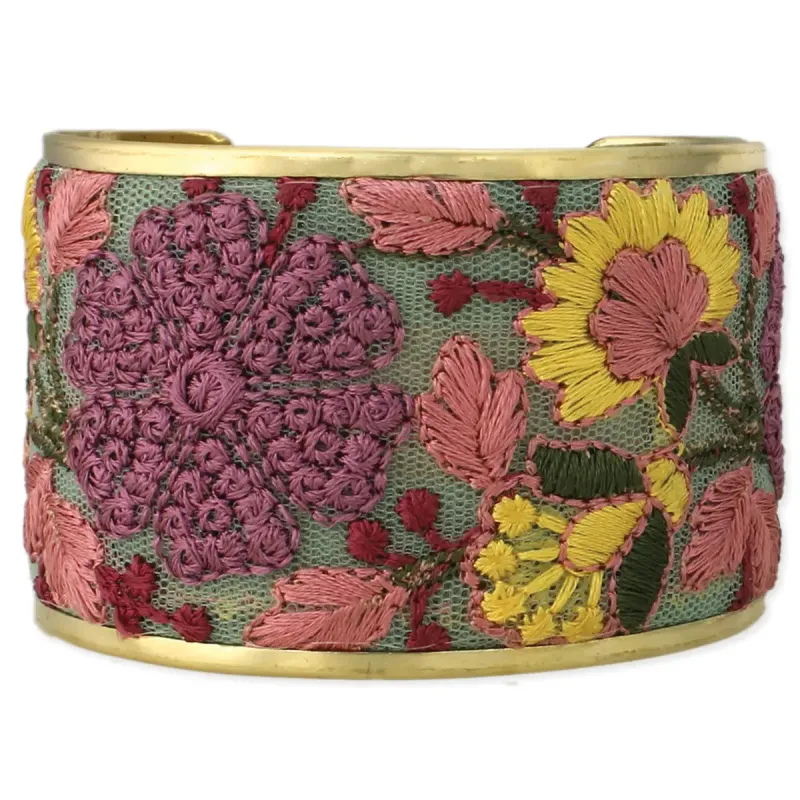 Mesh Pink Flower Embroidered Elegance Cuff Bracelet sold by Sunbeam