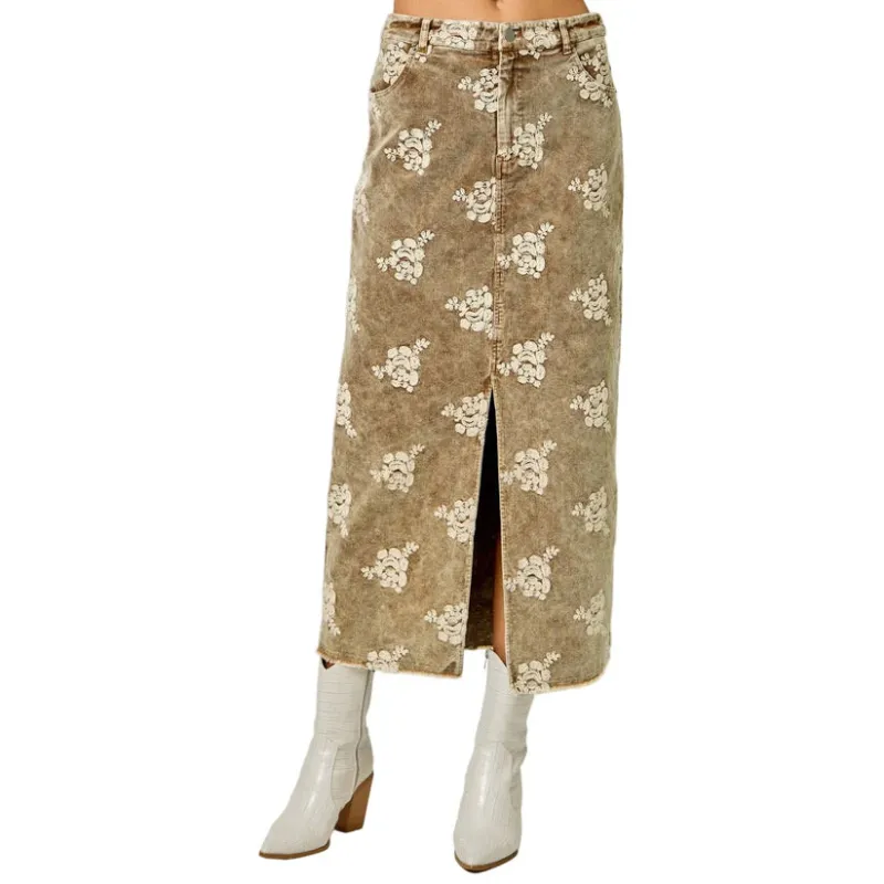 Embroidered Front Slit Corduroy Skirt sold by Sunbeam