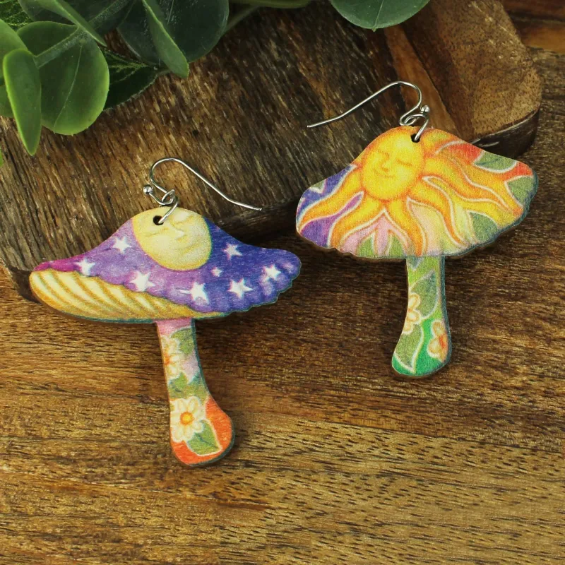 Morning Moon Mushroom Wood Earrings made by ZAD