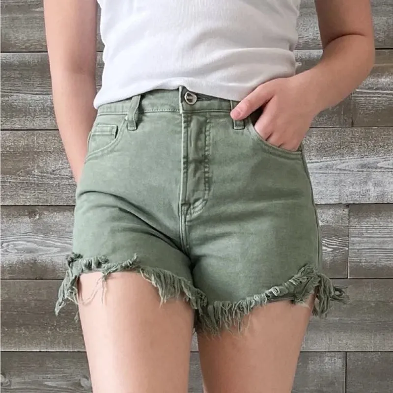 High Rise Side Step Hem Shorts - Olive sold by Sunbeam
