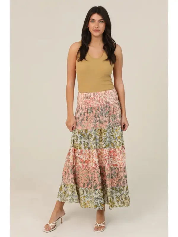 Mix Print Tiered Maxi Skirt with Smocked Waistband made by Angie