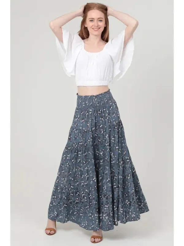Ditsy Print Smocked Waist Tiered Maxi Skirt - Denim made by Angie