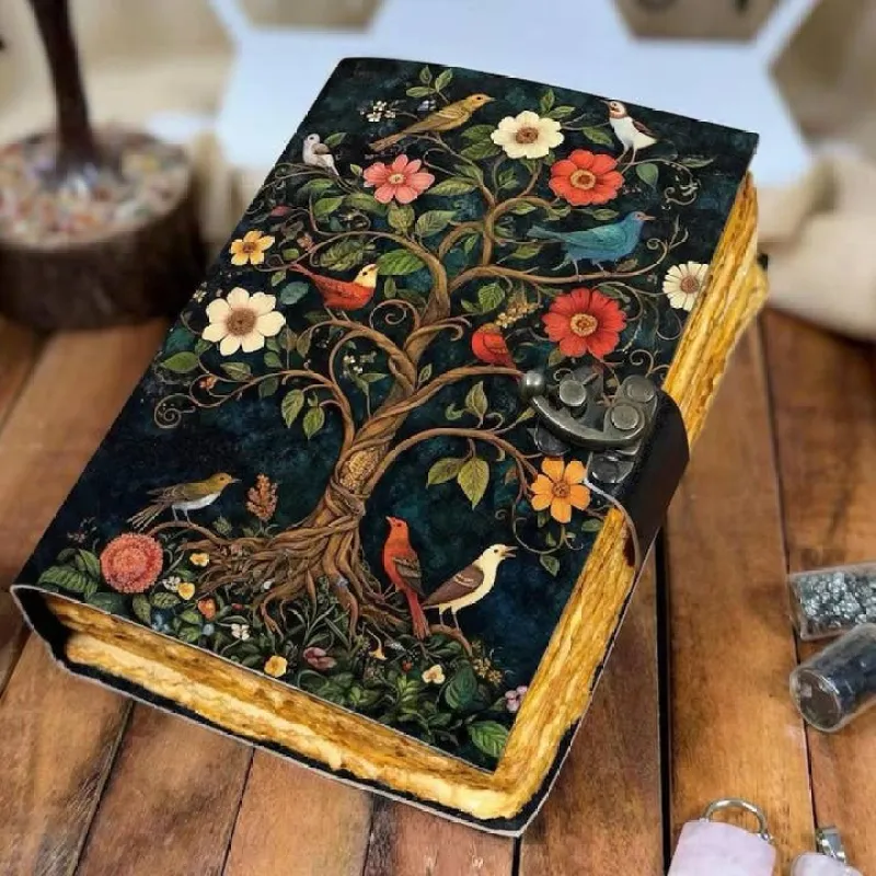 Grimoire leather journal - Bird And Tree Printed Blank Book made by Sunbeam